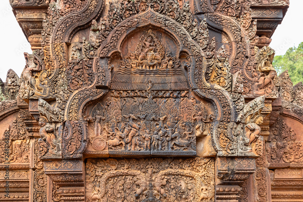 wonderful carvings in the kudu-arch at the temple.Banteay Srei temple, Siem Reap, Cambodia, Asia