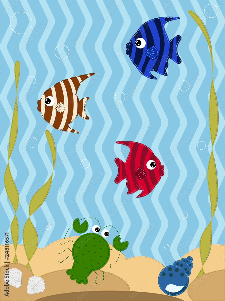 Fototapeta premium multi-colored fish, crayfish, shells stripe appliqué fabric sea bottom