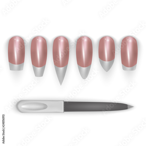 Female manicure. Set kinds of nails. Nail forms. Fashion nail shape. Icons nail shape. Collection of kinds of nails. Fashion trends. Vector illustration.