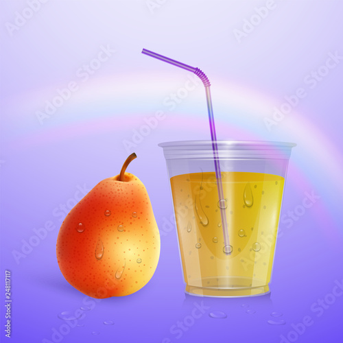 Juice mockup, smoothie cup isolated on purple background, 3d illustration. Realistic plastic Cup with pear juice, vector illustration