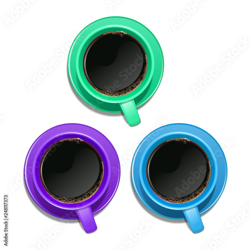 Set of realistic cups of coffee of different colors, top view, vector illustration