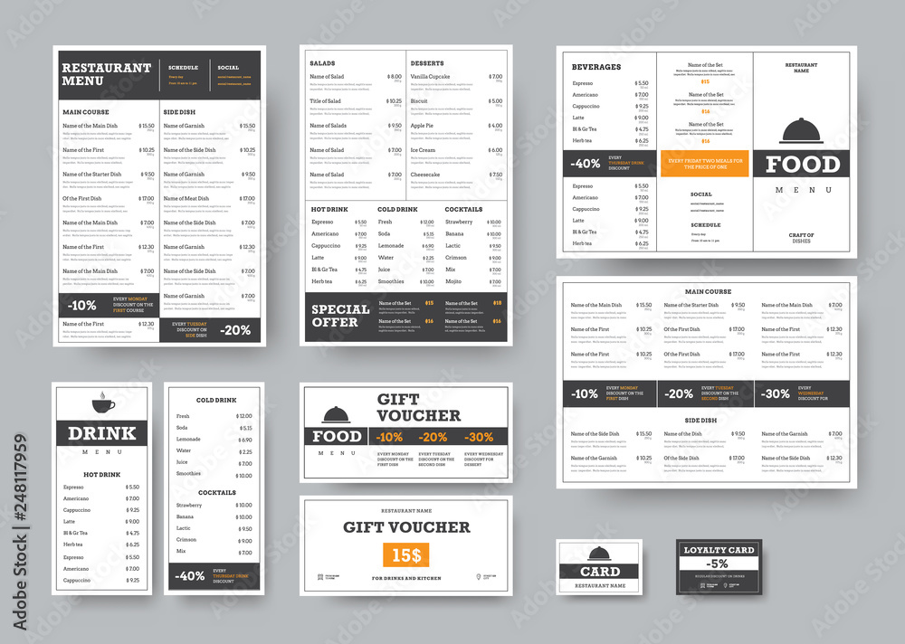 Corporate identity template for cafes and restaurants with horizontal design elements. - obrazy, fototapety, plakaty 