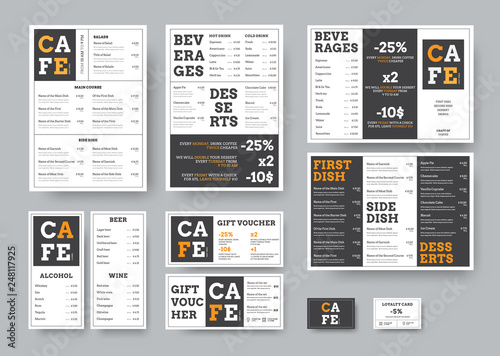 Set of black and white vector menu for restaurant with orange design elements.