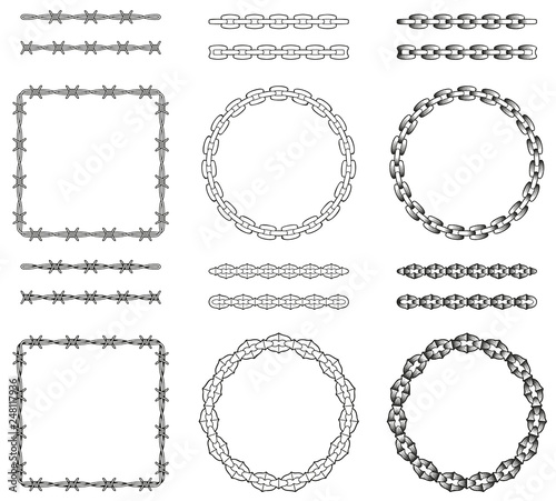 Set of old school chains and barbed wire pattern brushes. Stipple tattoo decor, dot art. Wire with right angles. Eps10 vector
