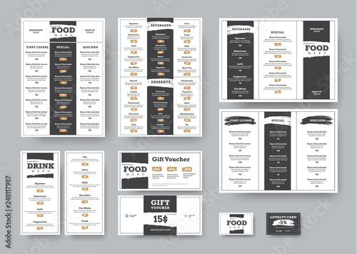 Vector corporate style design for cafes and restaurants in black and white style with dividing into blocks with a stroke and a grunge header effect.