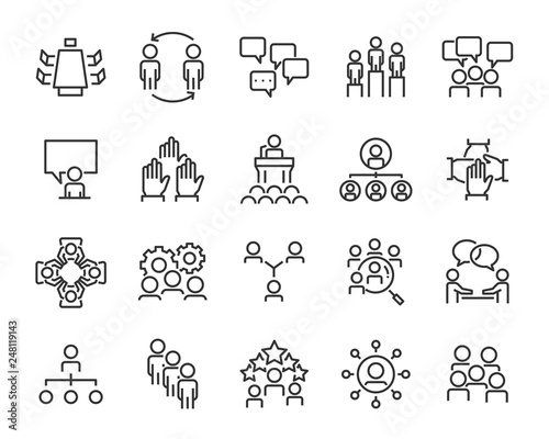 set of planning icons, such as strategy, time, meeting, brainstorm, vote, action plan