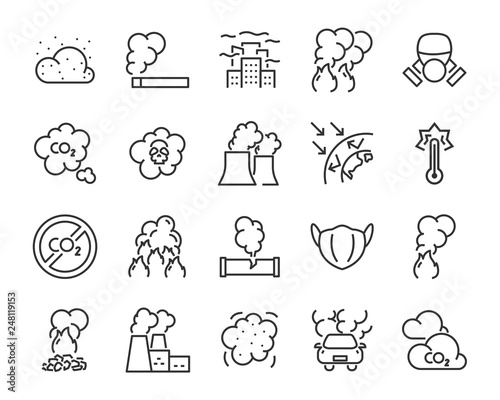 set of air pollution icons, such as, smoke, dust, gas, industry, pm 2.5