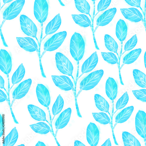 Ink hand drawn botanical seamless pattern Blue monochrome design