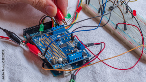 Microcontroller build closeup showing components, board and shield