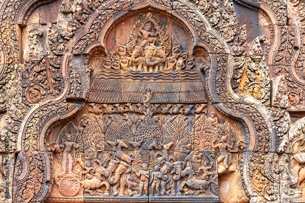 wonderful carvings in the kudu-arch at the temple.Banteay Srei temple, Siem Reap, Cambodia, Asia