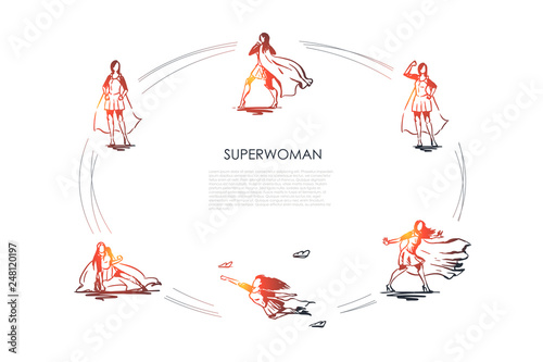 Superwoman - woman in superman costume and on high heels flying, struggling and showing her power vector concept set