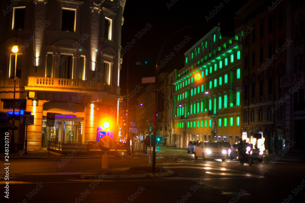 Night urban street , crossroad and traffic lights 