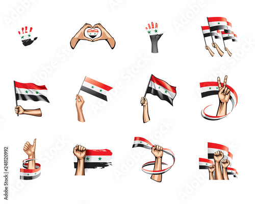 Syria flag and hand on white background. Vector illustration