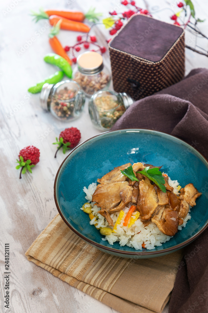 caramel pork and vegetable thai rice