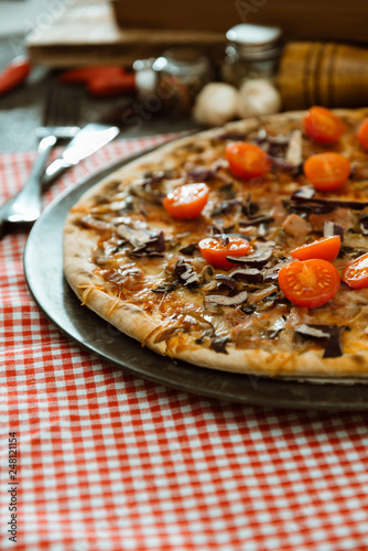 pizza cooked with standard cooked ham and mushrooms