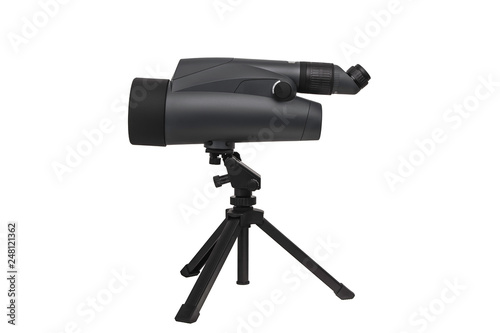 Modern telescope on a tripod isolated on white