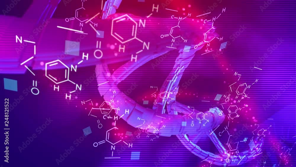 Wonderful 3d rendering of a coil looking DNA rotating around its axis in the blue and rosy background placed aslant. Chemical formulas are spinning nearby in seamless loop.