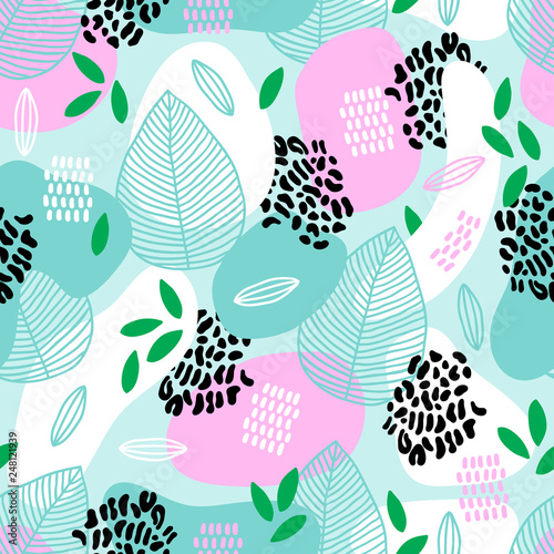 Jungle seamless pattern with leaves, dots, leopard print