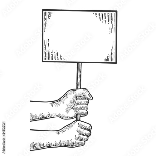 Blank empty poster on demonstration in hands engraving vector illustration. Scratch board style imitation. Black and white hand drawn image.