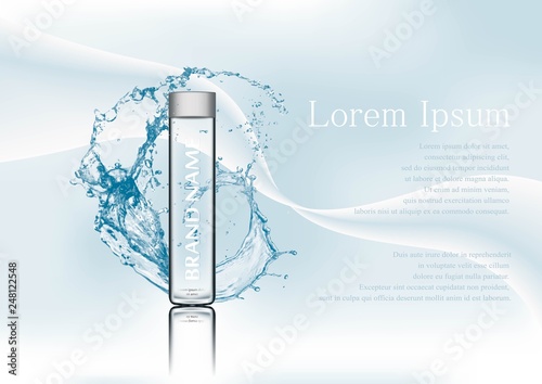 Vector illustration of realistic glass bottle for water and drink with gray lid on transparent background.Realistic mockup of glass container with batcher.Abstract stylish gradient background.