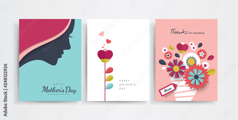 Set of Mother's Day greeting cards with paper cut flowers and typography