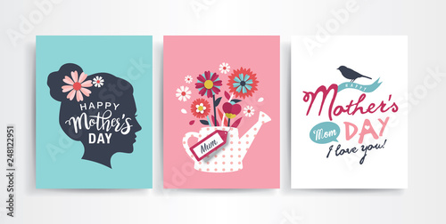 Set of Mother's Day greeting cards with paper cut flowers and typography