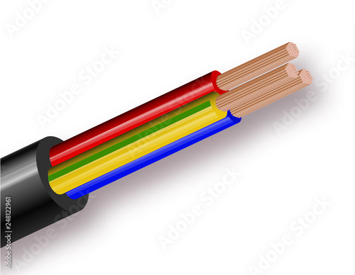 Flexible -wire electrical copper cable isolated on white background. Copper multicore cable with double color insulation. Close-up of the cross section. Power wire. Vector illustration