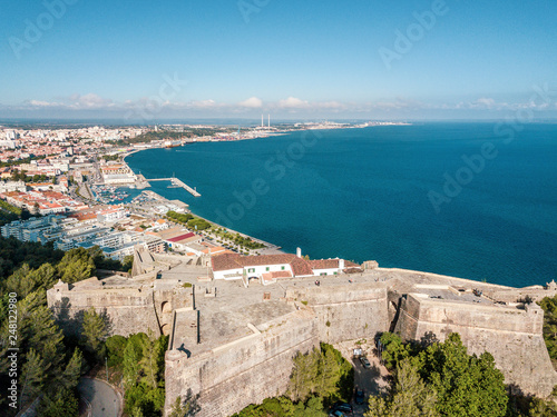 Aerial view of Setubal with fortress in the forest, Portugal photo