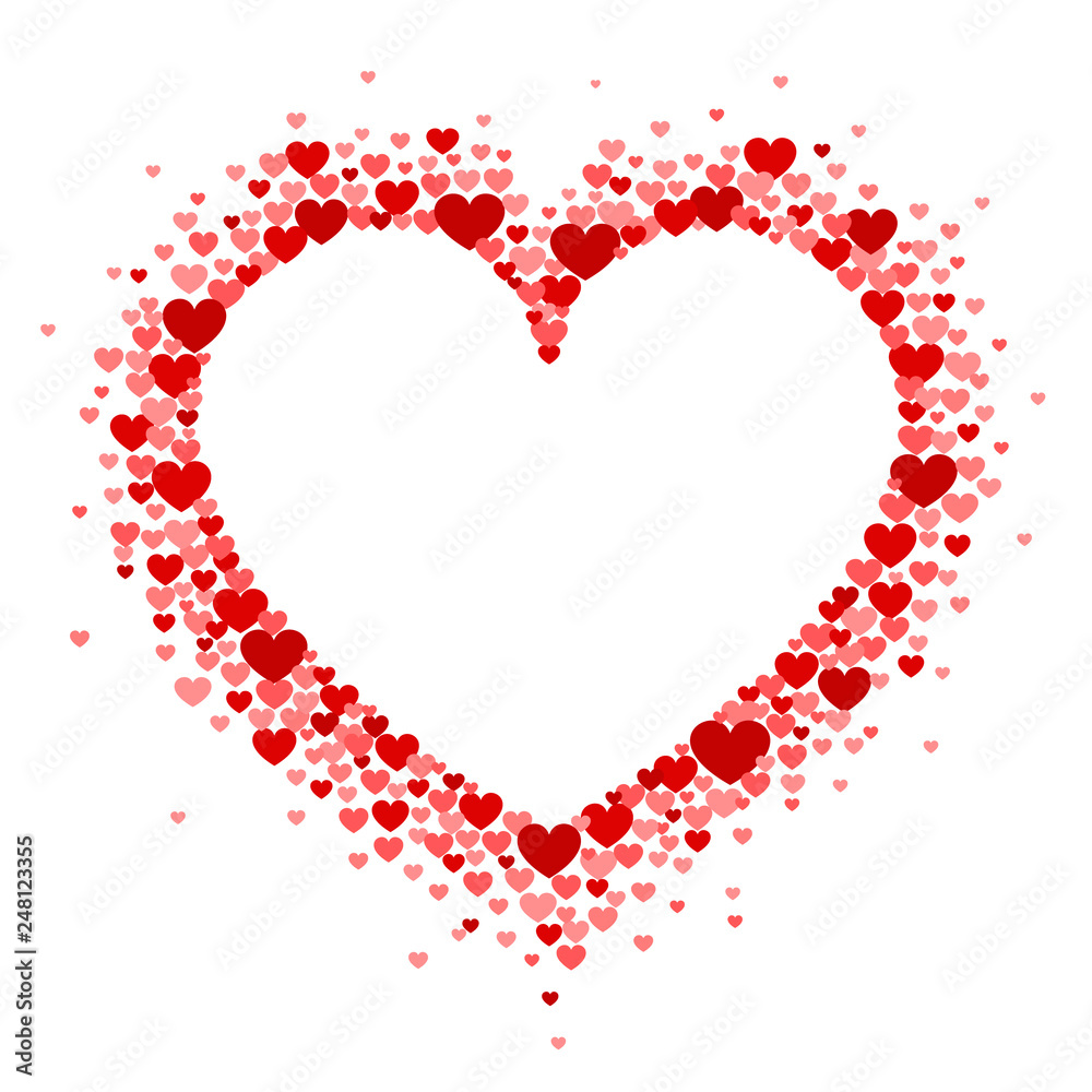 Frame of red hearts in the shape of a hart. Vector Valentine's day greeting card or wedding invitation