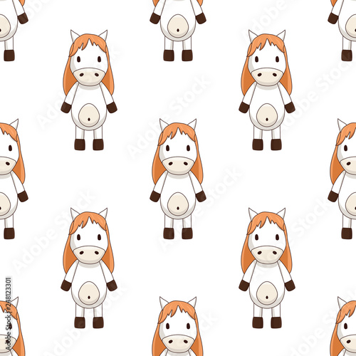 seamless pattern of cartoon white toy horse with brown mane