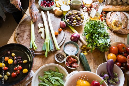 Vegetable ingredients being prepared for cooking