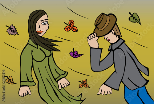 Strong wind blowing on woman and man