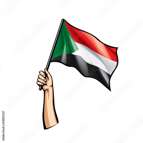 Sudan flag and hand on white background. Vector illustration