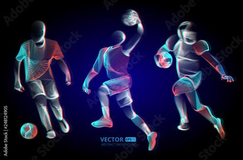 Abstract sport game competition player male figure in action jumping and running moving pose human silhouette Vector outline shape contour illustration in line art style isolated on dark background © printstocker