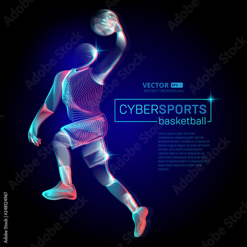 Abstract basketball dribble player male figure in jumping action moving pose human silhouette Vector cyber sports outline shape contour illustration in line art style isolated on dark background