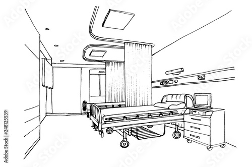 Graphic sketch hospital ward, clinic room interior. Empty room without a patient.