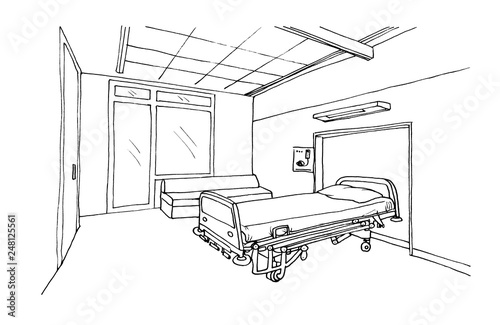 Graphic sketch hospital ward, clinic room interior. Empty room without a patient.