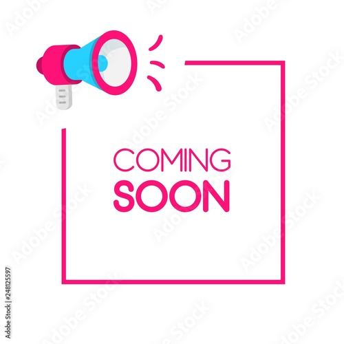 Announcement coming soom vector template.  label design for sale, business advertising web icon with loudspeaker, promotion announce tag, sticker. photo