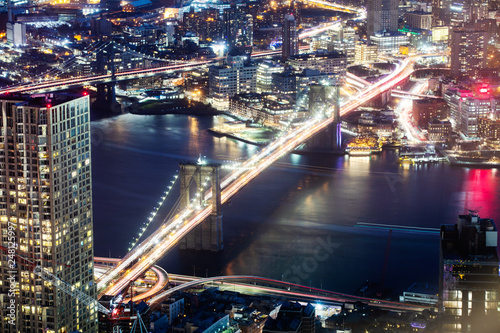 Elevated View Of Illuminated Brooklyn Bridge At Night