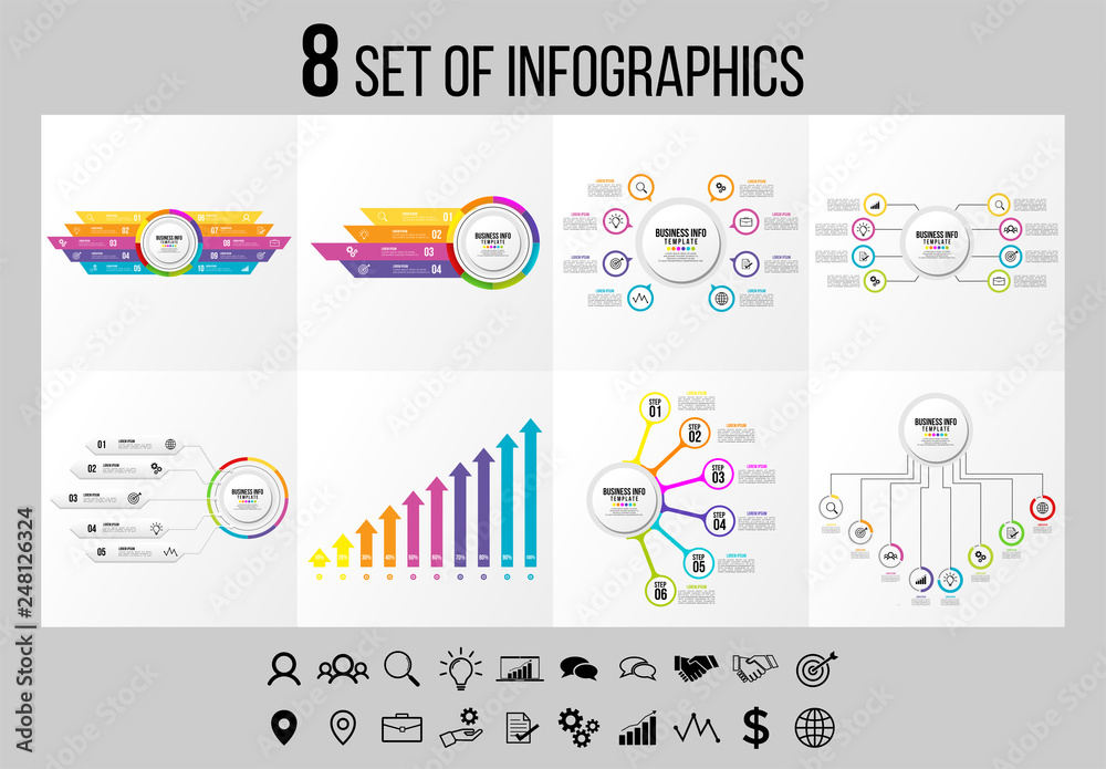 Set 8 Of Infographics Elements Vector Design Template. Business Data Visualization Infographics Timeline with Marketing Icons most useful can be used for workflow, presentation, diagrams, reports