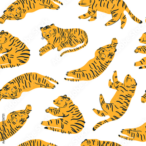 Tiger lies in various poses. Hand drawn vector seamless pattern. Perfect for printing