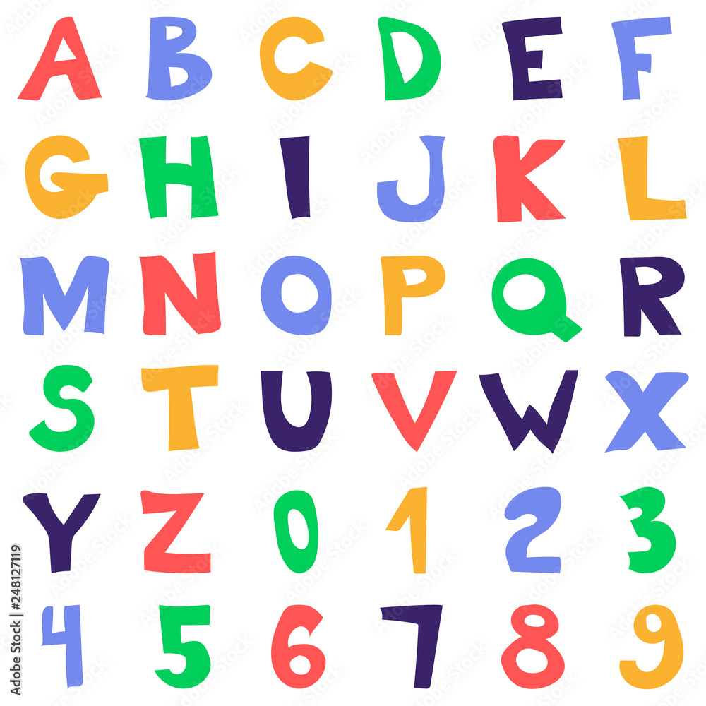 Vector funny cartoon hand drawn marker colorful uppercase alphabet.
