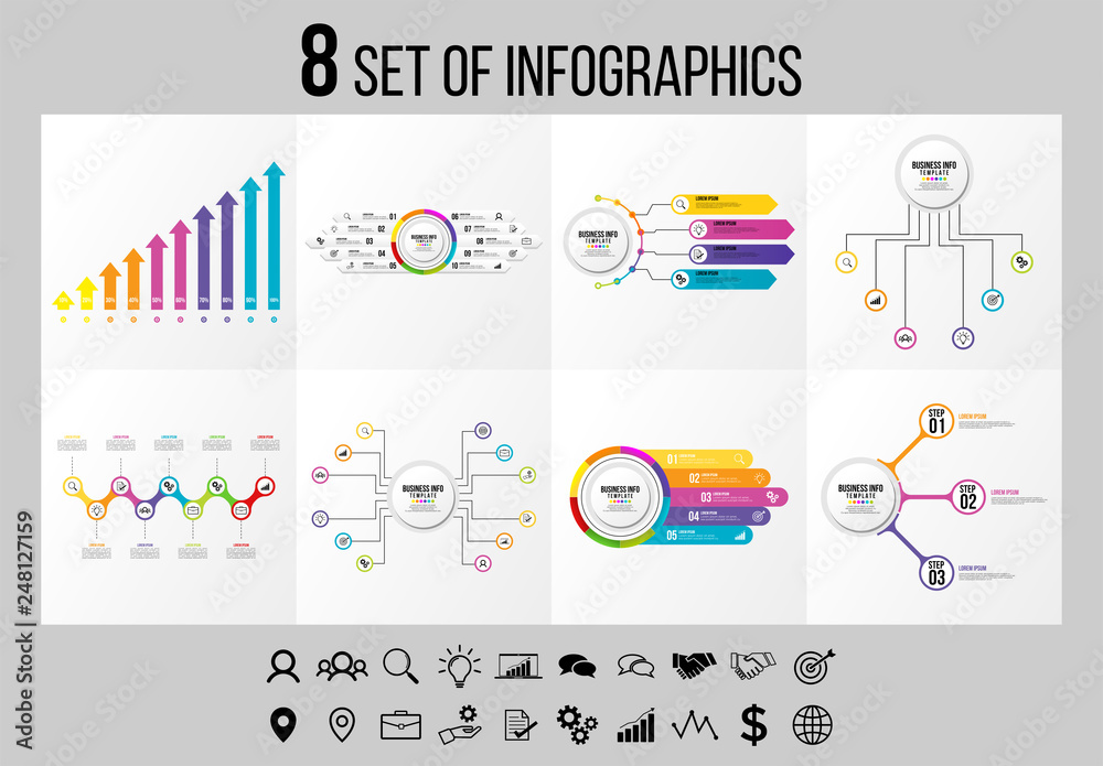 Set 8 Of Infographics Elements Vector Design Template. Business Data Visualization Infographics Timeline with Marketing Icons most useful can be used for workflow, presentation, diagrams, reports Set 8 Of Infographics Elements Vector Design Template. Business Data Visualization Infographics Timeline with Marketing Icons most useful can be used for workflow, presentation, diagrams, reports