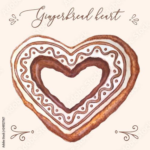 Gingerbread heart vector. Gingerbread heart vector illustration for Christmas card, menu, recipes. Watercolor gingerbread heart vector illustration for package, invitation. Gingerbread heart vector.