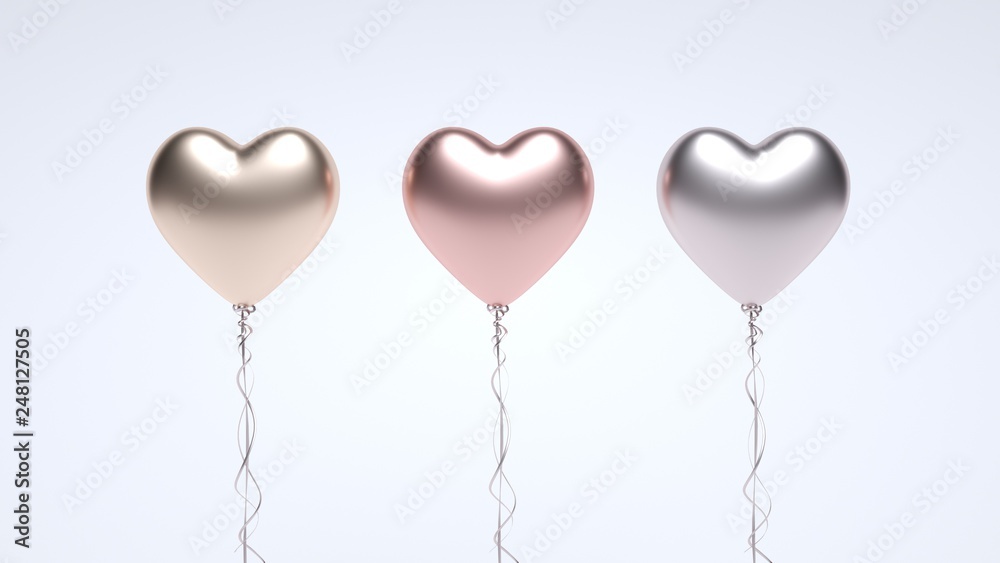 Fototapeta Metallic Glossy Heart Helium Balloons Isolated On The White Background - Valentine's Day - 3D Illustration