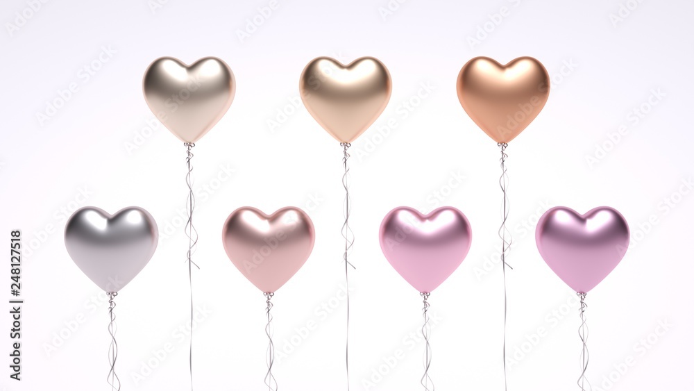 Metallic Glossy Heart Helium Balloons Isolated On The White Background - Valentine's Day - 3D Illustration