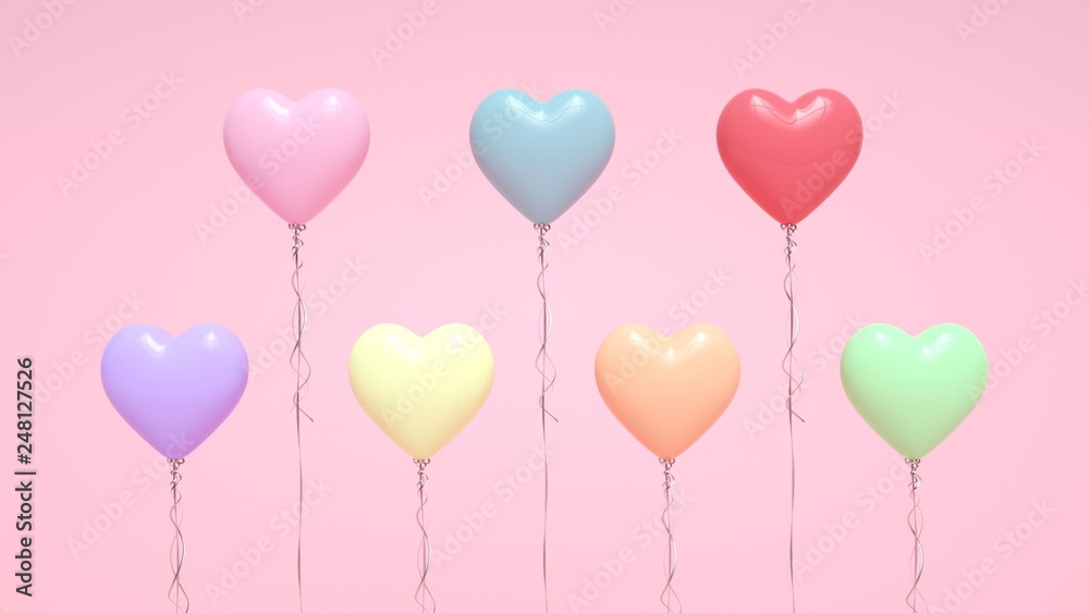 Colorful Heart Helium Balloons Isolated On The Patel Pink Background - Valentine's Day - 3D Illustration