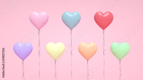Colorful Heart Helium Balloons Isolated On The Patel Pink Background - Valentine's Day - 3D Illustration
