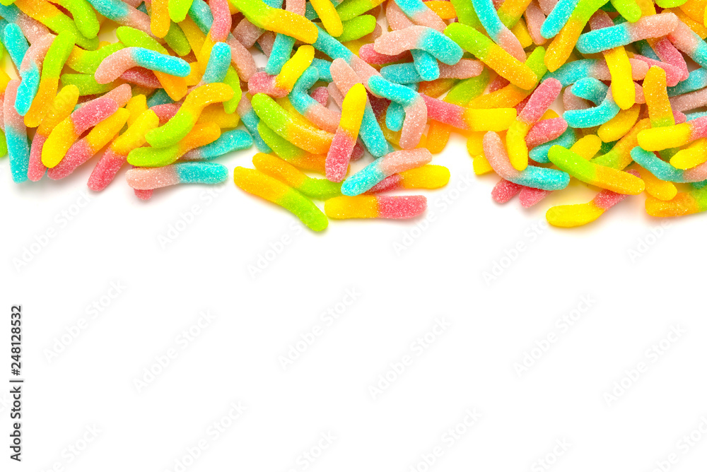 Frame of assorted gummy candies isolated on white. Top view. Space for text or design. Frame of assorted gummy candies isolated on white. Top view. Space for text or design.