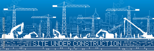 Site Under Construction illustration. Buildings panorama, industrial landscape, Constructional cranes and excavators, urban scene. Vector lines design art
